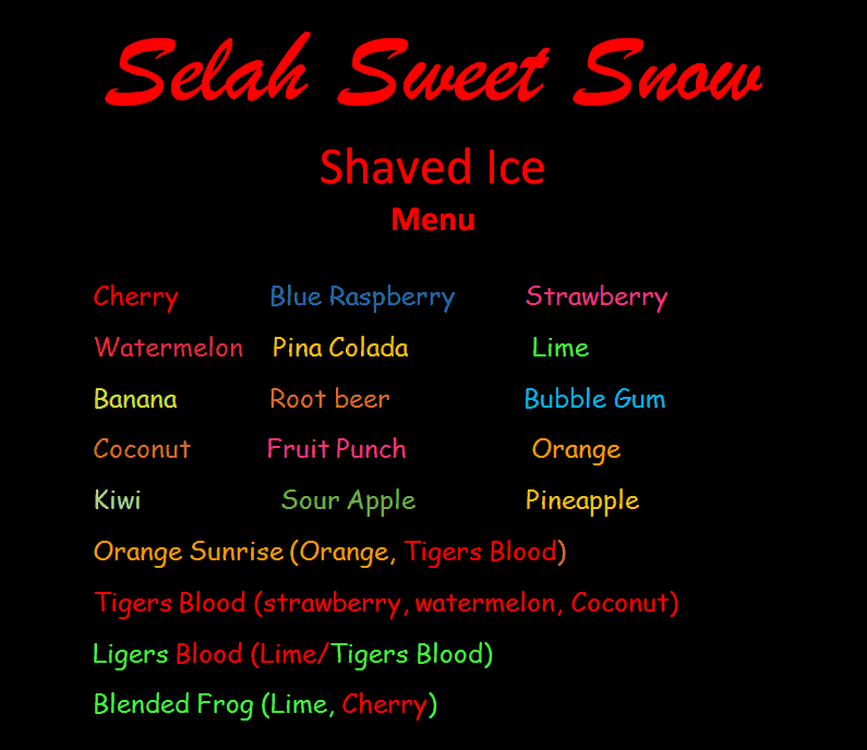 Selah Sweets Shaved Ice Menu